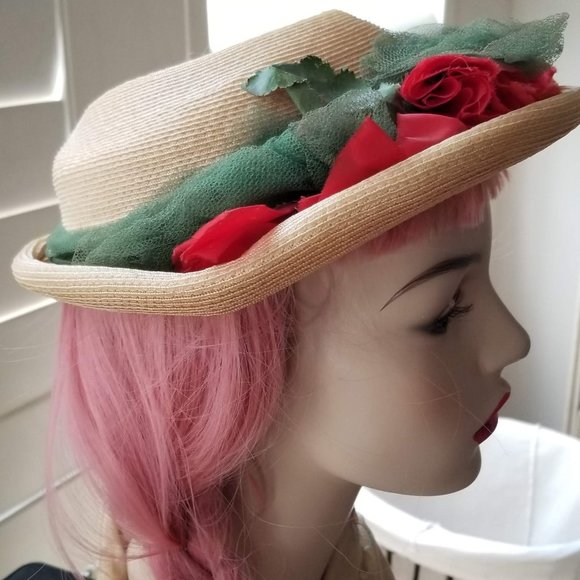 Vintage Silk/Straw Peek A Boo Hat-Flowers 1950s main image 4